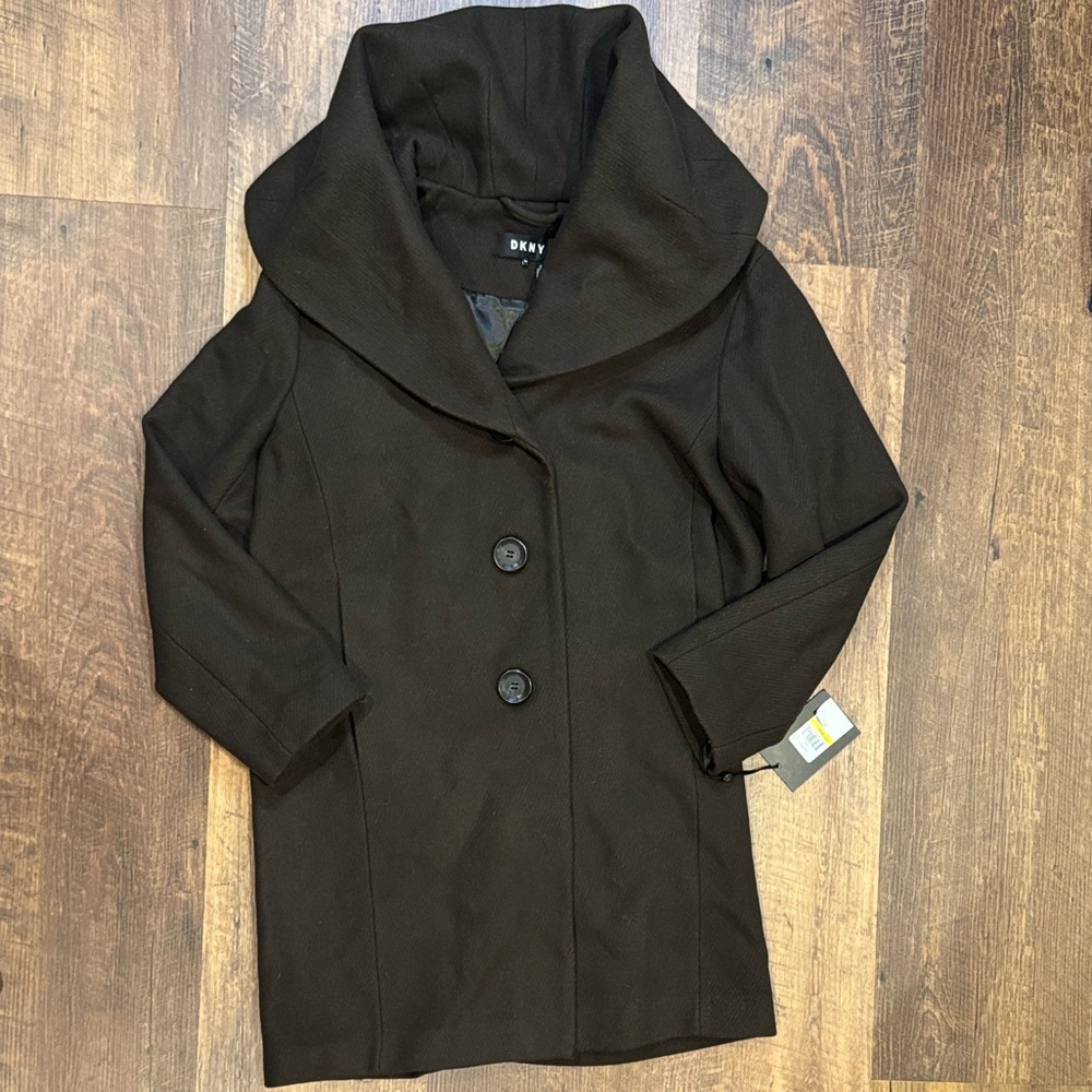 DKNY Brushed Wool Hooded Shaw Coat Women’s PM NWT Moss